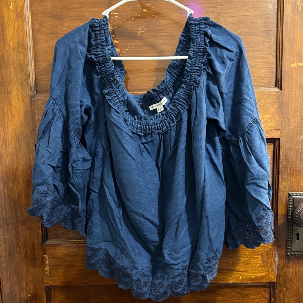 American Eagle Outfitters Navy Ruffle Scoop-Neck Peasant Top